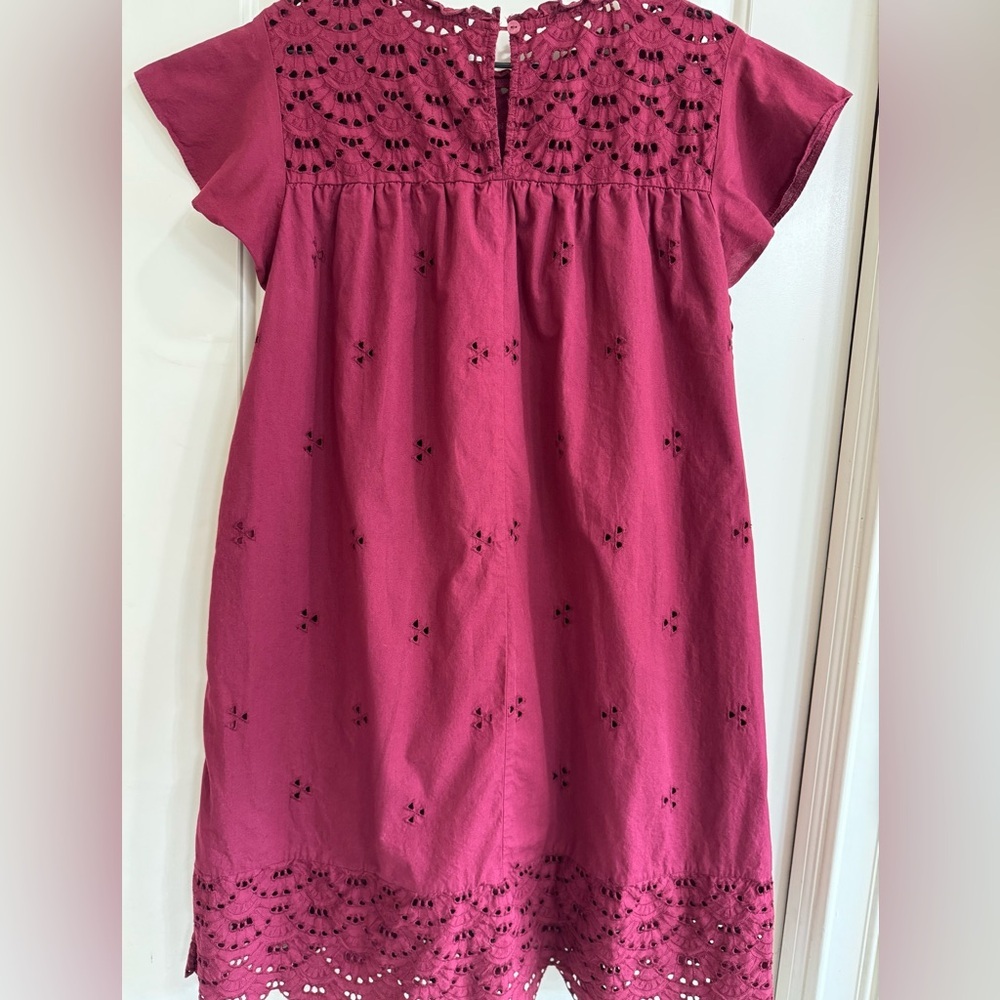 Wine Red Eyelet Mini Dress L Boho Scalloped Hem Embroidered Summer - Picture 2 of 7